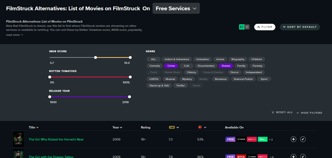 Reelgood - Filter by Genres, RT Scores, IMDB Ratings